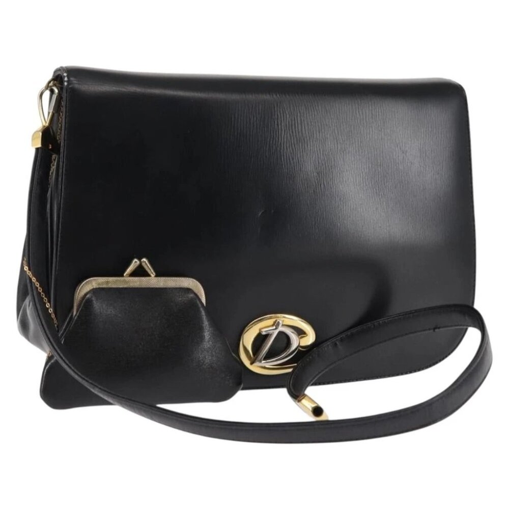 Christian Dior Shoulder Bag Leather Black Gold Auth